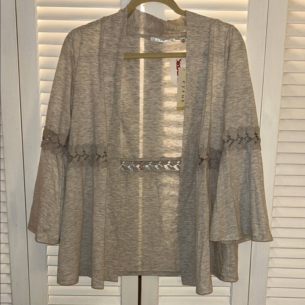 Gray Open Front Cardigan with Lace Detail